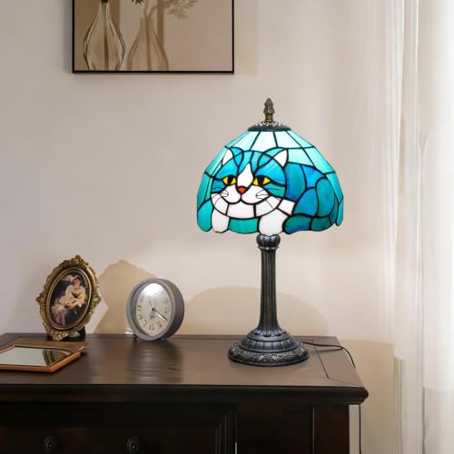 Tiffany Style Stained Glass Table Lamp Cat Small Table Lamp Bedroom Bedside Lamp Living Room Dining Room Office Decoration Desk Lamp Home Decoration Creative Gift