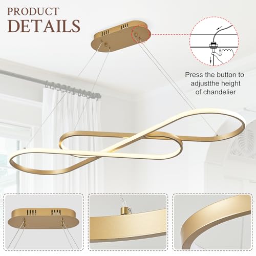 Modern LED Chandelier Gold Dimmable LED Pendant Light for Dining Room Light Fixture Over Table Modern Kitchen Island Lighting High Ceiling with Remote for Living Room