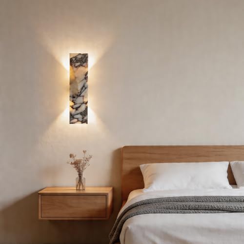 2 Pack 12.6in Natural Alabaster Marble Wall Sconce LED Waterproof Outdoor Indoor Wall Lamp Nordic Up Down Light Fixture Hardwired Metal Base 18W 3000K Universal Voltage for Porch Bedroom Living Room