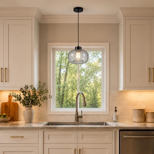 8.6" Black Grey Globe Seeded Glass Kitchen Island Pendant Light