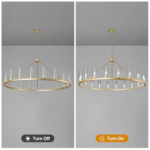 20 Light Large Wagon Wheel Chandelier with Clear Glass Shade Gold Round Pendant Light Farmhouse Industrial Chandeliers Dining Room Light Fixture for Stair Living Room Foyer Kitchen