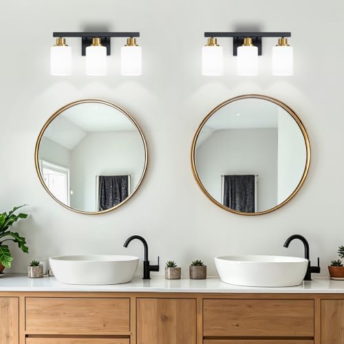 3 Light Vanity Lights Black and Gold Bathroom Light Fixtures 17in