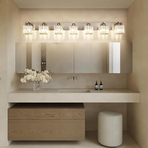 Brushed Nickel Bathroom Light Fixtures Crystal Vanity Lighting Fixture Modern Bathroom Vanity Light 7 Light