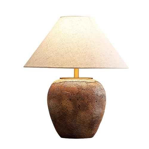 Farmhouse Clay Pot Table Lamps Brown Ceramic Lamps Rustic Fabric Drum Shade Decor Bedside Nightstand for Living Room Bedroom Home Office