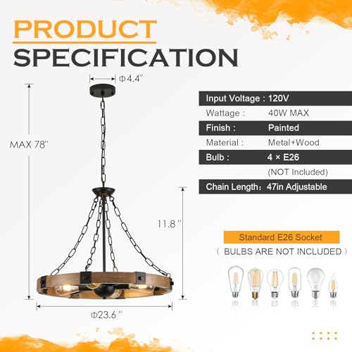 Farmhouse Wagon Wheel Chandelier 23.6" Oak Rustic Chandeliers 4