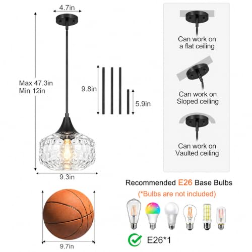 DSMJFU Black Pendant Lights Kitchen Island with Hammered Glass Over Table