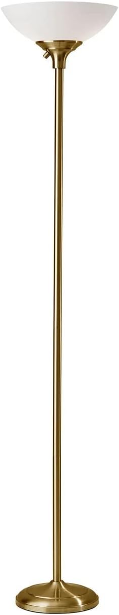 Adesso Antique Brass Torchiere Floor Lamp with Frosted White Shade – 300W Double Socket Construction, Modern Accent Lighting for Bedroom, Living Room, or Home Office, 71” Tall