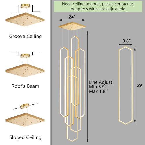 6 Rings Gold Modern Long Large Chandelier Dimmable LED High Ceiling Chandelier for Living Room Foyer Staircase Enterway Big Hanging Light Fixture Modern Ceiling Light