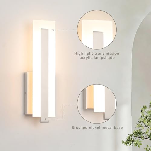 Hardwired Brushed Nickel Dimmable Modern LED Wall Sconce 3000K 3500K 4000K 5000K 6000K Indoor Wall Lights Up and Down Wall Mount Light for Living Room Bedroom Hallway Corridor