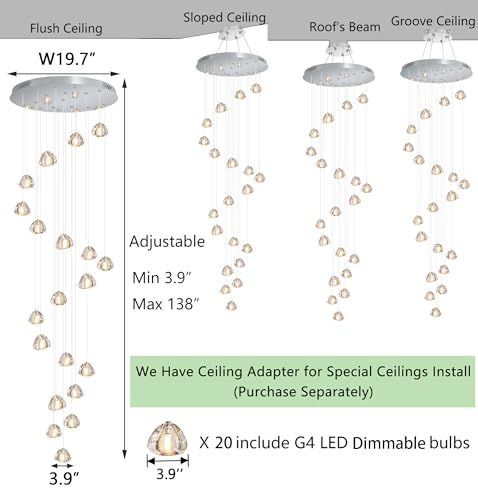 20 Lights Modern Chandeliers for Living Room Long Light High Ceiling Pendant Lights LED Dimmable Lighting Fixtures Chandelier for Foyer Entryway Polished Chrome Sloped Ceiling Install (20 Count)