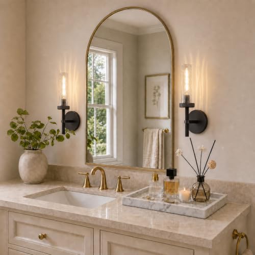 Bathroom Sconce Hardwired Black Sconce with Water Ripple Glass