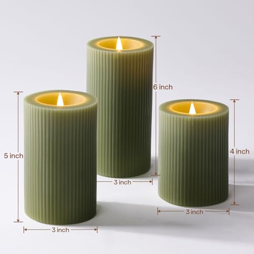 Olive Green Ribbed Moving Flame LED Pillar Candles with Remote (Olive Green)