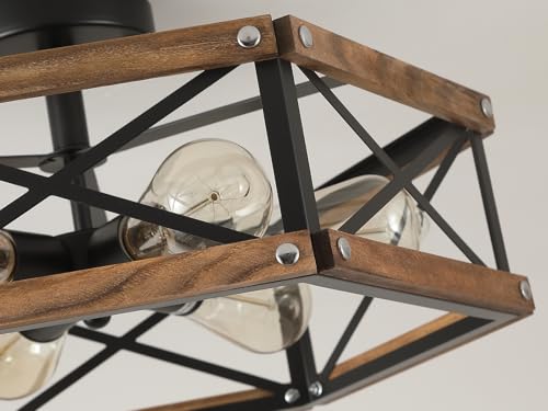 6 Light Large Rustic Farmhouse Wood Flush Mount Ceiling Light Fixture 20 inch Oak Wood and Metal Cage Semi Flush Mount Ceiling Light for Hallway Entry Dining Farmhouse Bedroom Living Room