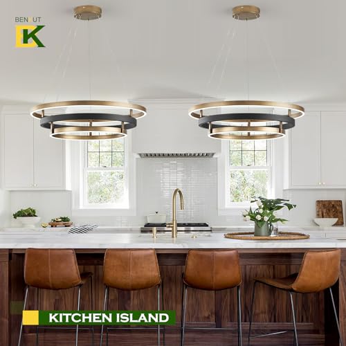 Modern LED Chandelier Black Gold Dimmable 3 Ring Pendant Light for Dining Room