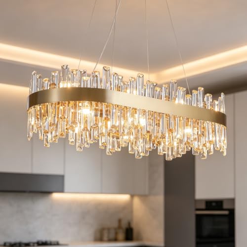 Modern Rectangular Gold Crystal Dining Chandelier Dimmable