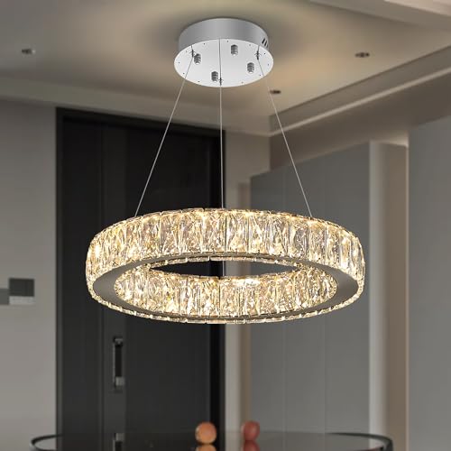 Modern LED 23.6" Ring Chandelier for Dining Room Living Room Dimmable Crystal Pendant Light Adjustable Round Chrome Crystal Chandelier