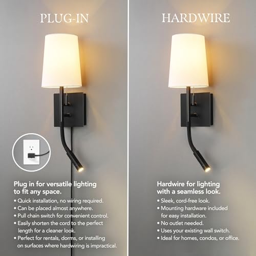 1-Light Plug-in or Hardwired Wall Sconce with LED Integrated Reading Light, USB-A Port, USB-C Port, Matte Black, White Fabric Shade, On-Off Pull Chain and Rocker Switch