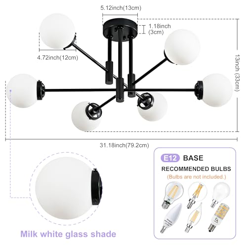 Black Sputnik Ceiling Light Fixture 6 Light with Milk White Glass Shade
