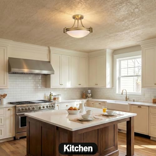 Modern Semi Flush Mount Ceiling Light Fixture 16 inch Gold Traditional Fixture with Milk Glass for Bedroom Kitchen Bathroom Hallway Foyer Living Room Entryway Brass ETL Listed