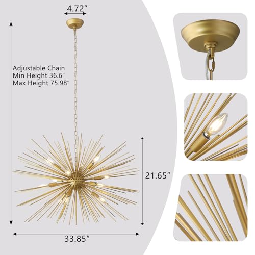 33.8in 12 Light Gold Sputnik Chandeliers Large Mid