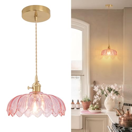 Pendant Light with Pink Scindapsus Glass Lmapshade