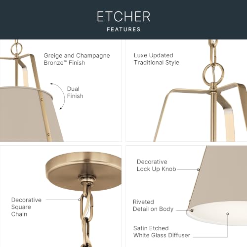 Etcher 13" 1 Light Updated Traditional Pendant with Satin Etched White Glass Diffuser in Greige and Champagne Bronze