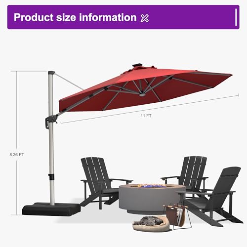 Cantilever Patio Umbrella 11ft Round Solar LED Light