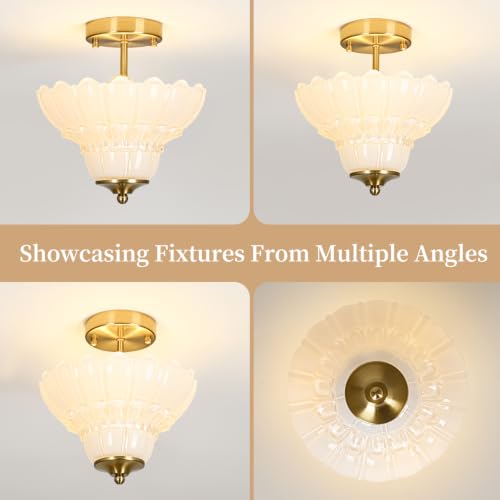 Vintage Gold Semi Flush Mount Light with Floral White Shade (Gold and White)