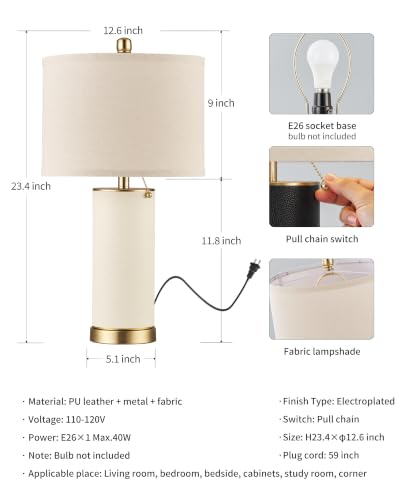 23.4" White PU Leather Table Lamps for Living Room Set of 2 (2 Count)