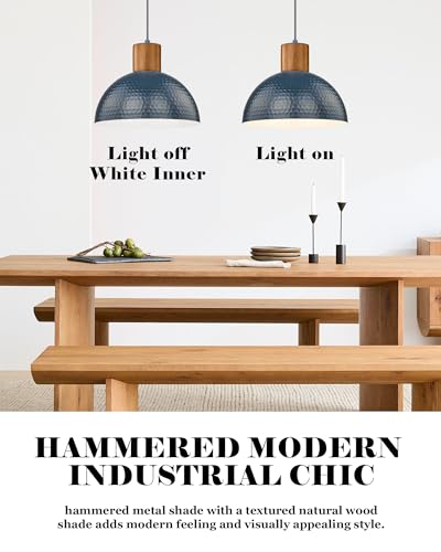 Modern Hammered Pendant Light Fixtures with 12" Metal Shade Solid Wood Dome Hanging Pendant Light for Farmhouse Kitchen Island Dining Room Sink Bedroom Hallway Medium 2 Pack Blue (2 Count)