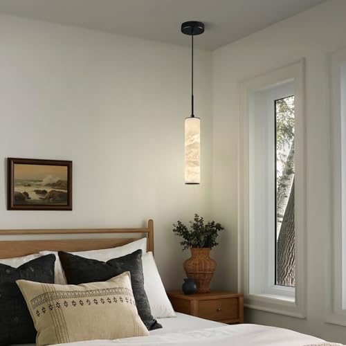 Natural Alabaster Pendant Lights for Kitchen Island White Marble Long Tube Chandelier 4000K Modern Black Ceiling Light Fixtures for Bedroom Dining Room Table Living Room Hallway