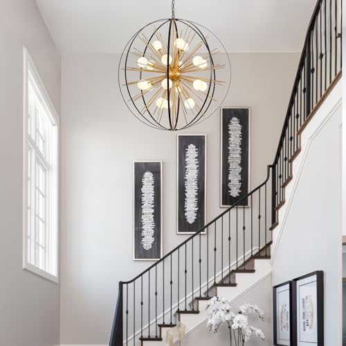 43.2" 18 Light Black Gold Sputnik Chandelier with Milk Glass Shade