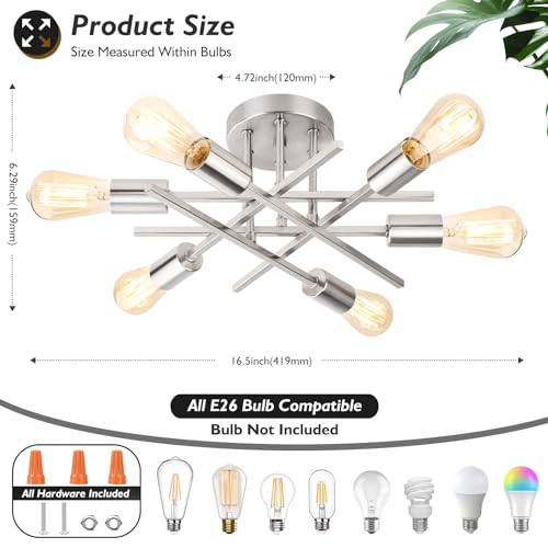 6 Light Silver Semi Flush Mount Ceiling Light Fixture