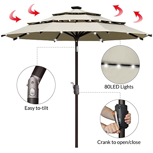 USA 10-Year-Non-Fading 9ft 3-Tier Market Patio Umbrella, Commercial Table Umbrella with 80 Solar LED Lights, Crank Open, Windproof & UPF 50+ UV Protection for Garden, Deck, Pool, Backyard, Antique Beige