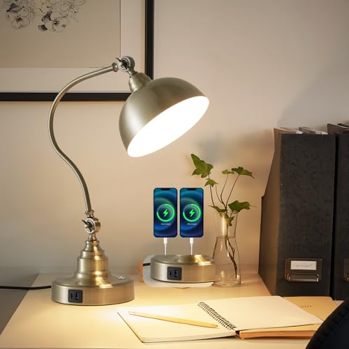 Dimmable Touch Control Antique Brass Swing Arm Desk Lamp with Charging Port