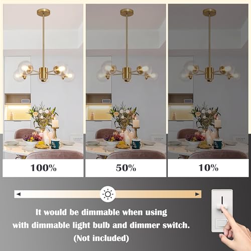 5 Light Globe Sputnik Chandelier Gold Mid Century Sputnik Chandeliers Dimmable Globe Pendant Light Brushed Brass Finished with Clear Glass Lampshade Chandeliers for Dining Room Bedroom