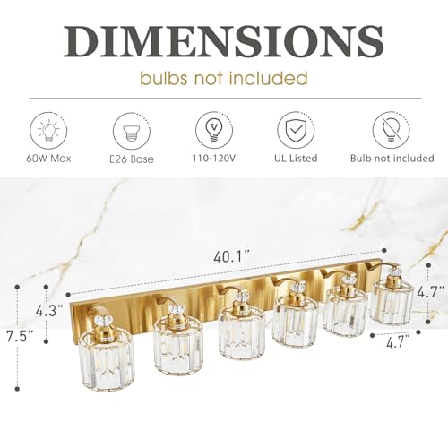 6 Lights Brushed Brass Bathroom Light Fixture Gold Vanity Lights Modern Crystal Bathroom Vanity Lighting Over Mirror Wall Sconce with K9 Crystal Shade E26 Base for Living Room
