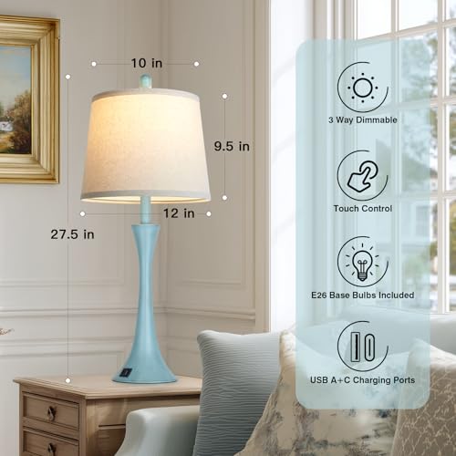 Blue Metal Table Lamp Set of 2 with USB C+A Ports (2 Count)