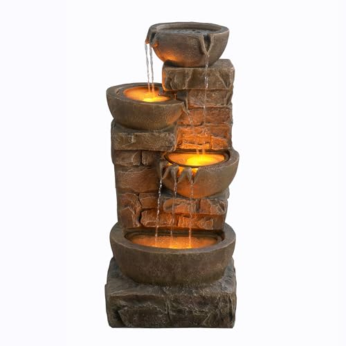 33.27" Cascading Bowls & Stacked Stones LED Water Fountain for Outdoor Living Spaces