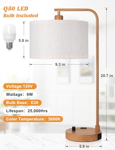 Wood Table Lamp for Bedroom with USB Port and Outlet
