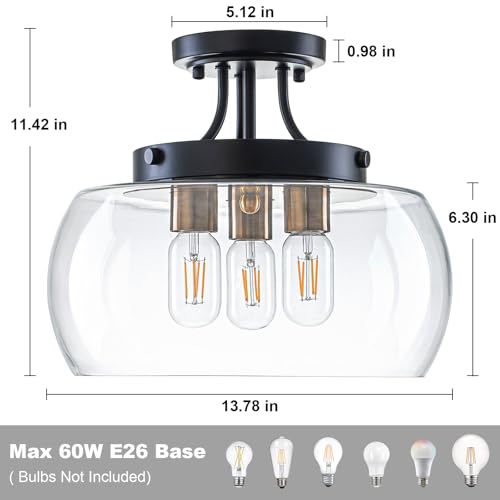 13.78" Black and Gold Semi Flush Mount Ceiling Light Fixture