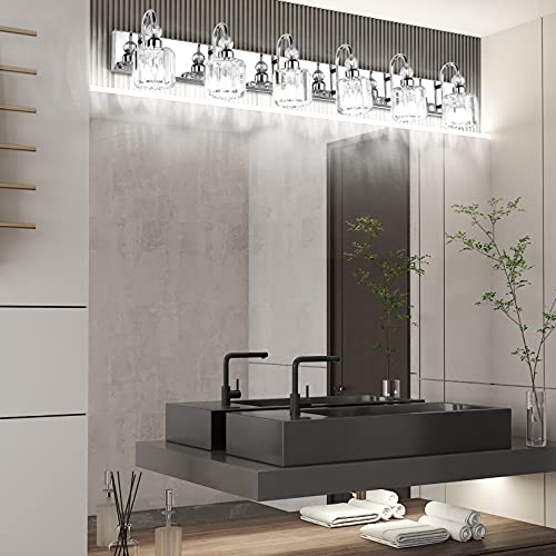 6 Lights Stainless Steel Crystal Bathroom Vanity Lights Over Long Mirror Modern Crystal Vanity Lighting Fixtures for Bathroom