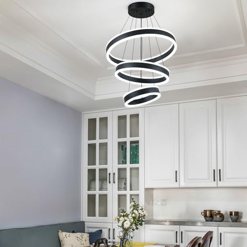 Modern LED Chandeliers Adjustable Hanging Black Pendant Light Fixture 3 Ring Flush Mount Chandeliers for Bedroom