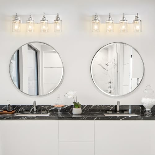 4 Light Brushed Nickel Bathroom Light Fixture Over Mirror Modern Bathroom Vanity Light Vintage Wall Lighting with Clear Glass Shade for Bathroom
