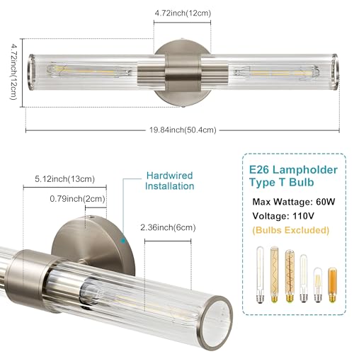 Hardwired Nickel Bathroom Vanity Light Threaded Glass Wall Sconce