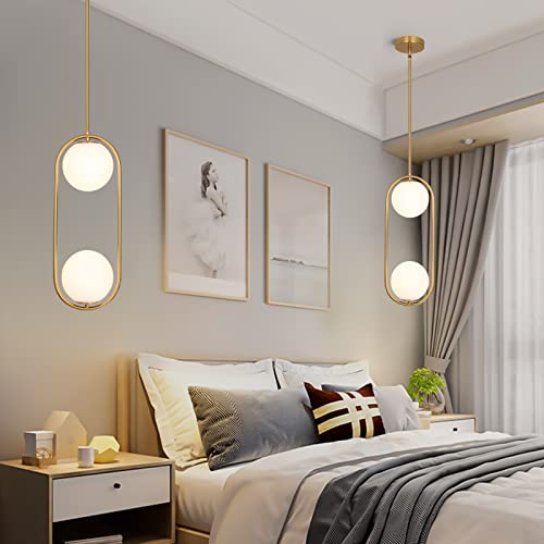 2 Lights Gold Pendant Lighting Milky Glass Globe Shade Hanging Light