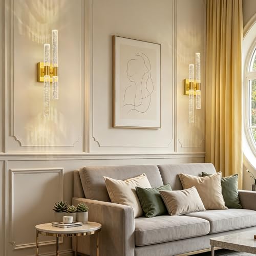 Crystal Wall Sconces Set of Two LED Bathroom Vanity Light Fixtures Gold 21.25in 4000K Vertical and Horizontal Wall Mounted Sconces for Bedroom (2 Count)