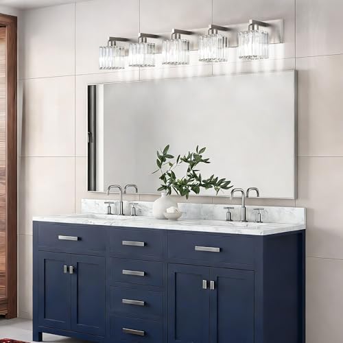 Brushed Nickel Bathroom Lighting Fixtures 5 Light Vanity Light Crystal Modern Bathroom Vanity Light