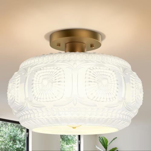 12" Milk Glass Semi Flush Mount Ceiling Light Fixture