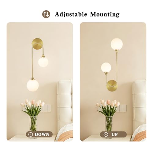 Mid Century Modern Wall Sconce Brushed Gold Milk Glass Sconces with Double Ball Hardwired Wall Light for Bedside Bedroom Bathroom Living Room Corridor G9 Base
